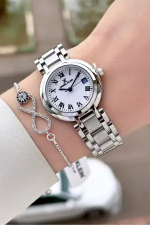 Gümüş Renk 30,5 mm Hediye Paketli Kadın Kol Saati ve Bileklik