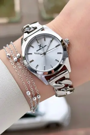 Gümüş Renk 32 mm Hediye Paketli Kadın Kol Saati ve Bileklik