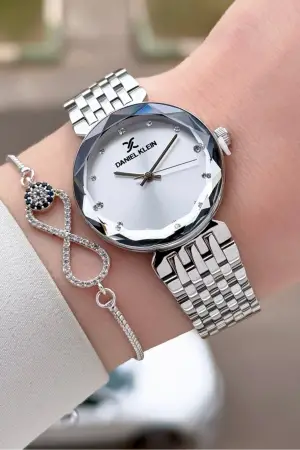 Gümüş Renk 30 mm Hediye Paketli Kadın Kol Saati ve Bileklik