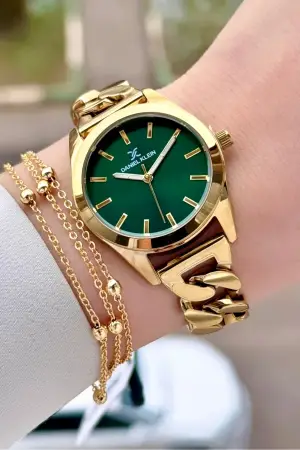 Kadranı Yeşil Kordonu Gold Renk 32 mm Hediye Paketli Kadın Kol Saati ve Bileklik