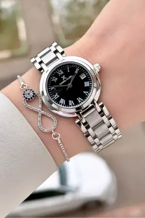 Kadranı Siyah Kordonu Gümüş Renk 30,5 mm Hediye Paketli Kadın Kol Saati ve Bileklik