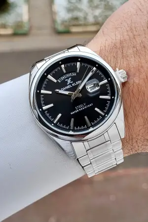 Gümüş Siyah Renk 44 mm Tamamen Paslanmaz Çelik Takvimli Erkek Kol Saati