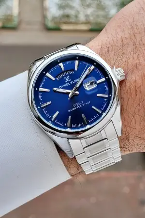 Gümüş Lacivert Renk Tamamen Paslanmaz Çelik Takvimli Erkek Kol Saati