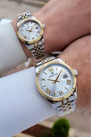 Kordonu Gold Gümüş Renk Hediye Paketli Sevgili Çift Kol Saati