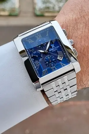 Kadranı Lacivert Kordonu Gümüş Renk Hediye Paketli Erkek Kol Saati