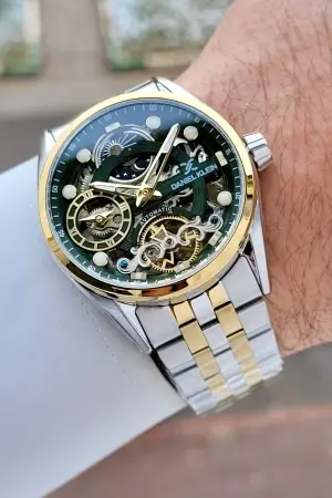 Kadranı Yeşil Kordonu Gold Gümüş Renk Otomatik Fonksiyonlu Fosforlu Erkek Kol Saati