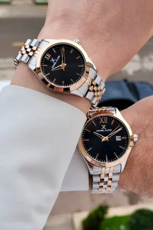 Kadranı Siyah Kordonu Rose Gümüş Renk Hediye Paketli Sevgili Çift Kol Saati STISTE35