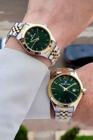 Kadranı Yeşil Kordonu Gold Gümüş Renk Hediye Paketli Sevgili Çift Kol Saati STISTE34