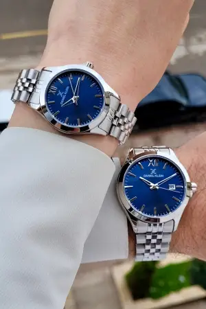 Kadranı Lacivert Kordonu Gümüş Renk Hediye Paketli Sevgili Çift Kol Saati STISTE36