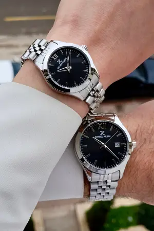 Kadranı Siyah Kordonu Gümüş Renk Hediye Paketli Sevgili Çift Kol Saati STISTE32