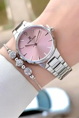 Kadranı Pembe Kordonu Gümüş Renk Hediye Paketli Kadın Kol Saati ve Bileklik