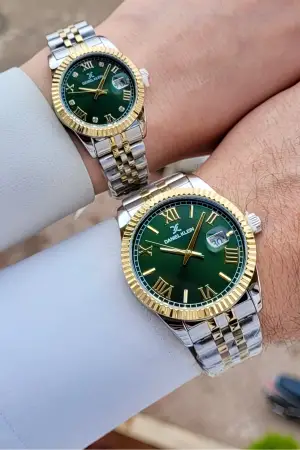 Yeşil Gold Gümüş Renk Hediye Paketli Sevgili Çift Kol Saati STISTE39