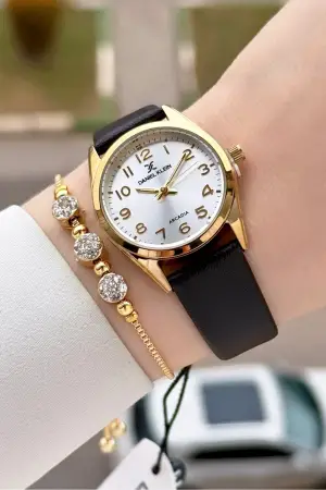 Kasası Gold Kordonu Koyu Kahverengi Renk Hediye Paketli Kadın Kol Saati ve Bileklik