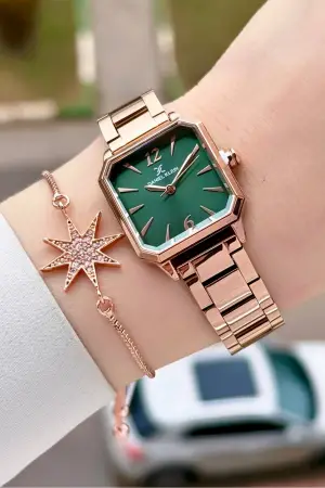 Kadranı Yeşil Kordonu Rose Renk 26 mm Kadın Kol Saati ve Bileklik