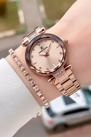 Rose Renk Kesme Camlı 32 Mm Kadın Kol Saati ve Bileklik