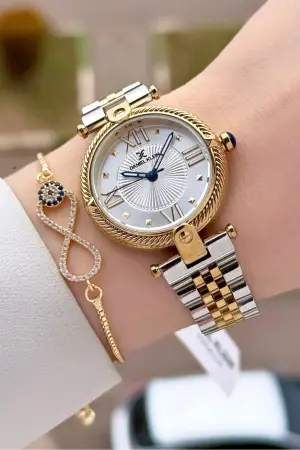 Gold Gümüş Renk 32 Mm Kadın Kol Saati ve Bileklik