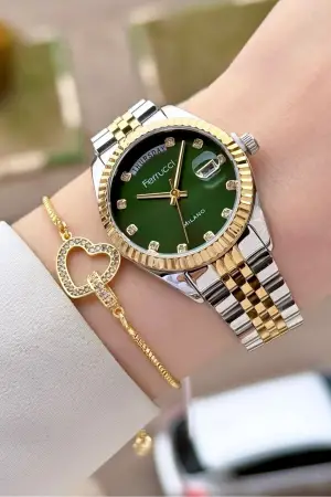 Kadranı Yeşil Kordonu Gold Gümüş Renk Takvimli Kadın Kol Saati ve Bileklik