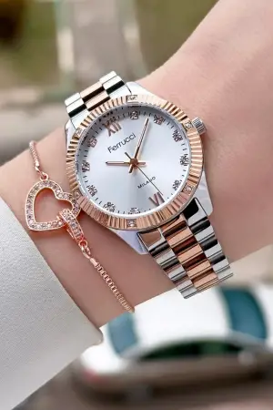 Rose Gümüş Renk Kadın Kol Saati ve Bileklik