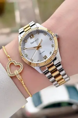 Gold Gümüş Renk Kadın Kol Saati ve Bileklik