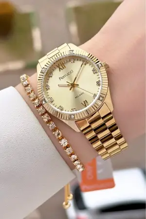 Gold Renk Kadın Kol Saati ve Bileklik