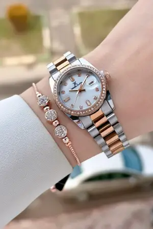 Rose Gümüş Renk 28 Mm Kadın Kol Saati ve Bileklik