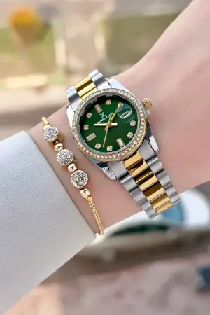 Kadranı Yeşil Kordonu Gold Gümüş Renk 28 Mm Kadın Kol Saati ve Bileklik
