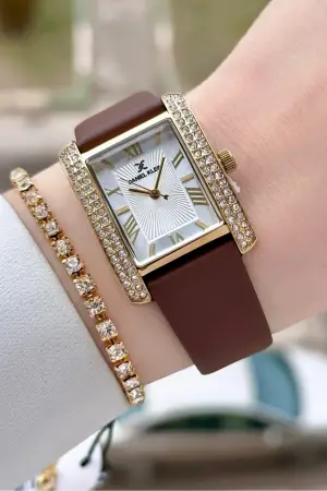 Kasası Gold Kordonu Kahverengi Renk Kadın Kol Saati ve Bileklik