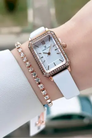 Kasası Rose Kordonu Beyaz Renk Kadın Kol Saati ve Bileklik