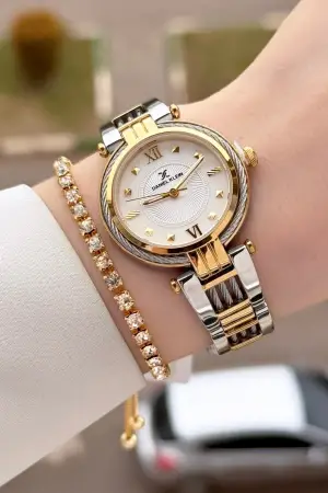 Gold Gümüş Renk 32 Mm Kadın Kol Saati ve Bileklik