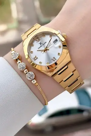 Gold Renk 30 Mm Kadın Kol Saati ve Bileklik