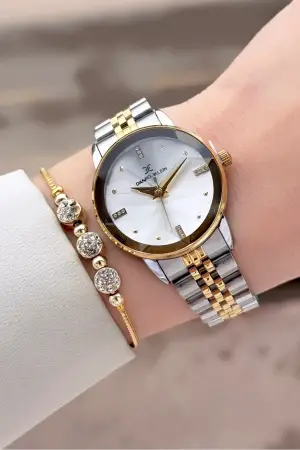 Gold Gümüş Renk 32 Mm Kadın Kol Saati ve Bileklik