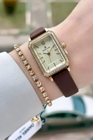 Kasası Gold Kordonu Kahverengi Renk Kadın Kol Saati ve Bileklik