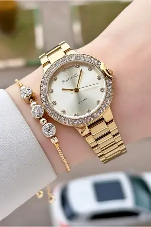 Gold Renk Kadın Kol Saati ve Bileklik