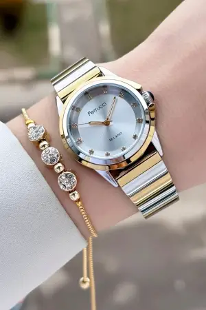 Gold Gümüş Renk Kadın Kol Saati ve Bileklik