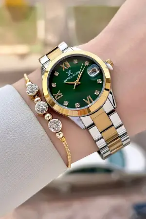 Kadranı Yeşil Kodronu Gold Gümüş Renk 33 Mm Kadın Kol Saati ve Bileklik