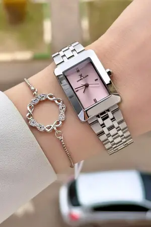 Kadranı Pembe Kodronu Gümüş Renk 22 Mm Kadın Kol Saati ve Bileklik