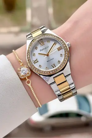 Gold Gümüş Renk Kadın Kol Saati ve Bileklik