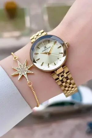 Gold Renk 30 Mm Kadın Kol Saati ve Bileklik