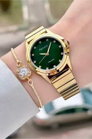Kadranı Yeşil Kordonu Gold Renk Kadın Kol Saati ve Bileklik