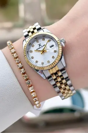 Gold Gümüş Renk 28 Mm Kadın Kol Saati ve Bileklik