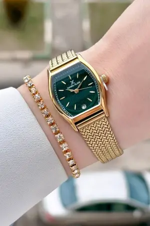 Kadranı Yeşil Kordonu Gold Renk Kadın Kol Saati ve Bileklik
