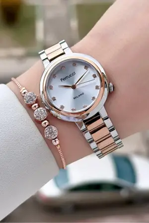 Rose Gümüş Renk Kadın Kol Saati ve Bileklik