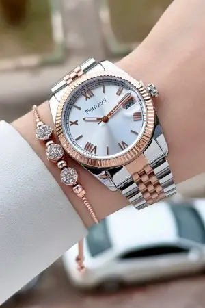 Rose Gümüş Renk Kadın Kol Saati ve Bileklik