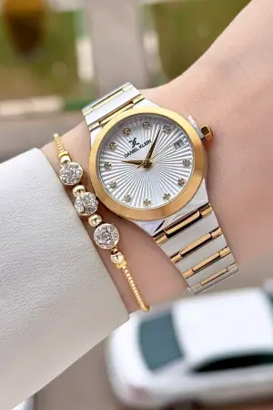 Gold Gümüş Renk 30 Mm Kadın Kol Saati ve Bileklik