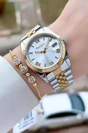 Gold Gümüş Renk Kadın Kol Saati ve Bileklik