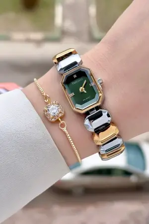 Kadranı Yeşil Kordonu Gold Gümüş Renk Kadın Kol Saati ve Bileklik