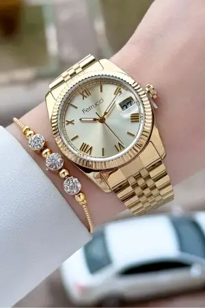 Gold Renk Kadın Kol Saati ve Bileklik