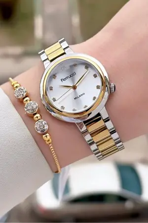 Gold Gümüş Renk Kadın Kol Saati ve Bileklik