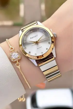 Gold Gümüş Renk Kadın Kol Saati ve Bileklik