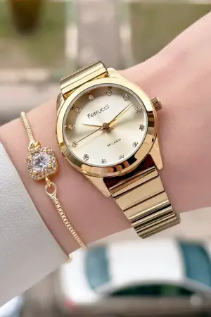 Gold Renk Kadın Kol Saati ve Bileklik